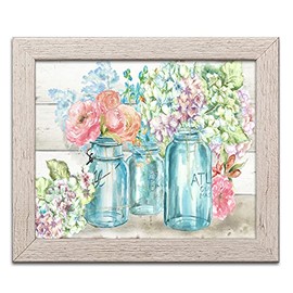 Gango Home Decor Beautiful Watercolor-Style Colorful Flowers In Mason Jar Floral Print by Tre Sorelle Studios; One 14x11in Distressed Framed Print; Ready to hang!