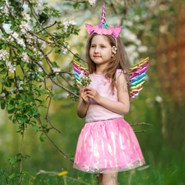 HONMOK Pack of 3 Unicorn Costume Children Pink Unicorn Girls Princess Costume Unicorn Headband Tutu Skirt Wings for Carnival Fancy Dress Unicorn Party Unicorn Cosplay Children's Birthday Party