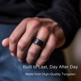 LerchPhi Men's 8MM Black Tungsten Wedding Ring, Durable Wedding Band Alternative, Engraved 'Always and Forever', Scratch-Resistant, Comfort Fit Size 8.5