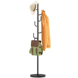 MISSLO Heavy Duty Coat Rack Freestanding 4 Adjustable Size Coat Tree with Stable Wood Base Coat Hanger Stand with 6 Hooks Standing Clothes Tree for Bedroom, Black