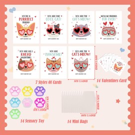 Valentines Card, Valentines Gifts, 14 Packs Cute Cat Paw Sensory Toy Valentines Card Gifts, Fidget Toy Cat Paw Stress Relief for Valentines Day Cards for Him