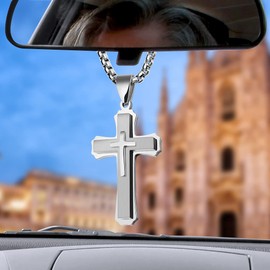 LeapoFaith Pendant Cross for Car Rearview Mirror Hanging Accessories Cross Charm Car Mirror Decor Hanging Ornament for Auto Interior Truck Christian Cross Necklace for Men Women Jesus Holy (Silver)