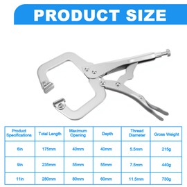 3 Pcs Locking C Clamp Set, 3 Different Sizes Silver Locking Pliers (6 Inch, 9 Inch, 11 Inch) Metal Tools Welding Clamps for Home Farm