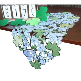 GRANDDECO St. Patrick's Day Irish Clover Table Runner,Embroidered Cutwork Clover Shamrock Dresser Scarf for Home Kitchen Dining Spring Holiday Tabletop Decoration, Runner 13"×34", Green