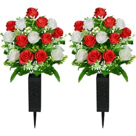 SIFOEL Pack of 2 Artificial Cemetery Flowers with Vase, Artificial Rose Grave Monument Flowers for Cemetery Gravestones Decoration (Red & White)