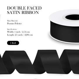 1 Inch Double Faced Black Satin Ribbon, 25 Yards Solid Silk Fabric Ribbons Perfect for Floral Bouquet Christmas Bows Gift Wrapping, Hair Accessories, Wedding Party Decoration, DIY Crafts