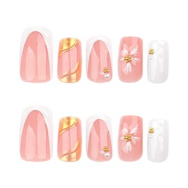 White French Tip Press on Nails Gold Chrome Fake Nails Flower Glue on Nails with Pearl Design Medium Square Stick on Nails Reusable Artificial Acrylic Full Cover for Women Girls Manicure 24Pcs