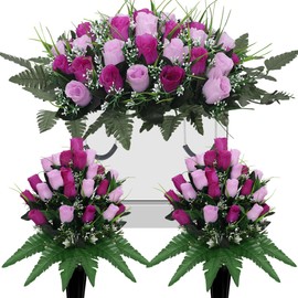 3Pack Artificial Cemetery flowers for grave,Headstone flower saddle Gravesite Decoration Roses Memorial Bouquets with Cemetery Vase for Cemetery Decorations Non-Fading Easy Fit (Purple)