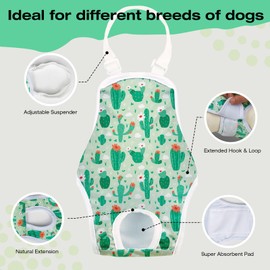 FurVeluxia 3 Pack Washable Female Dog Diapers Sanitary Pantie with Adjustable Suspender, Reusable Doggy Diapers Super Absorbent Leakproof for Dog in Heat(XL, Plant)