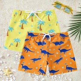 MTXXTZ Little Boys Swim Trunks Toddler Breathable Bathing Suit Hawaii Quick Dry Swimwear Beach Swim Shorts Yellow Coconut Tree and Dinosaur 2 Pack L 3-4T