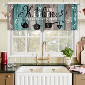 MESHELLY Green and Grey Kitchen Curtains 52Wx18H Inch Rod Pocket Gray Rustic Valance Plank Wooden Country Quotes Vintage Butterfly Bedroom Window Drapes Farmhouse Printed Living Room Window Treatment