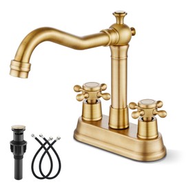 Gotonovo Antique Brass 2 Hole 4 Centerset Bathroom Sink Faucet with Double Cross Handles Deck Mounted Brass Vanity Mixer Tap Utility Include Water Hose, Suitable for 6-12 inch Hole