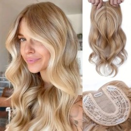 Large Base Toppers Hair Pieces for Women Full Volume Middle Part Clip in Bangs Synthetic Wavy Hair Topper for Daily Wearcolor: 22H613, stretched length: 14inches, toupee size: 6x6