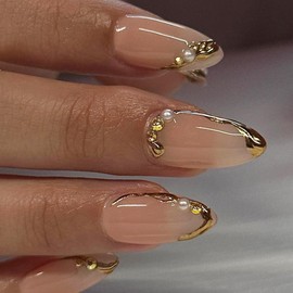 24Pcs Gold French Tip Press on Nails Medium Almond Fake Nails with Rhinestones Pearl Designs 3D Gilding False Nails Texture Line Gold Glue on Nail Reusable Artificial Stick on Nails for Women