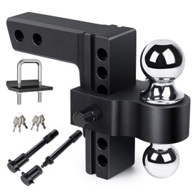 Adjustable Trailer Hitch Fits 2-Inch Receiver, Tow Hitch with with 6-Inch Drop/Rise, Dual Solid Ball 2" & 2-5/16" (12,500 LBS GTW) - Double Anti-Theft Locking Hitch Pins & 2" Hitch Tightener