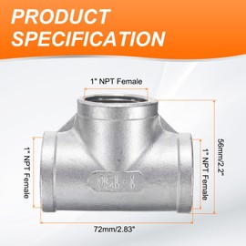 sourcing map Tee Pipe Fitting (1" x 1" x 1") NPT Female 304 Stainless Steel t Shaped 3 Way T-Connector for Industrial Connection Water Air Gas Oil Fuel