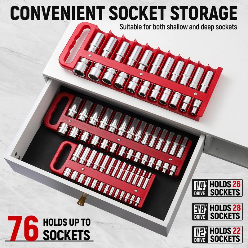 Reniteco Magnetic Socket Organizer Set, 3 Pcs Red Portable Heavy