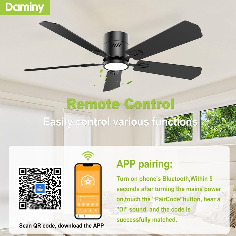 DAMINY 52 inch 5 Blades Black Ceiling Fans with Lights,Flush
