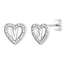 SILVERCUTE 925 V Earrings Sterling Silver Hypoallergenic Dainty Small Sleeper Earrings Simulated Diamond CZ Heart Initial Stud Earrings for Women Girls