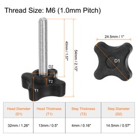 QUARKZMAN Star Grip Nut Knurled Screw M6 x 40 mm Metric Thread 32 mm 4-Point Plastic Head Grub Screw Knob Hand Tightening Thumb Screw Jig Grip Black Pack of 2