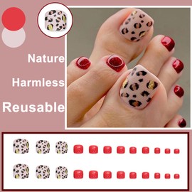 Pack of 24 False Toenails, Short Artificial Toenails, French Square Red Shiny Artificial Toenails, Leopard Print, Acrylic, Natural Stick on Toenails for Women and Girls