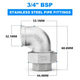 ERGAOBOY 2 PCS 304 Stainless Steel 90 Degree Elbow Union，3/4" BSP Female x 3/4" BSP Female Pipe Fitting for Water/Oil/Gas