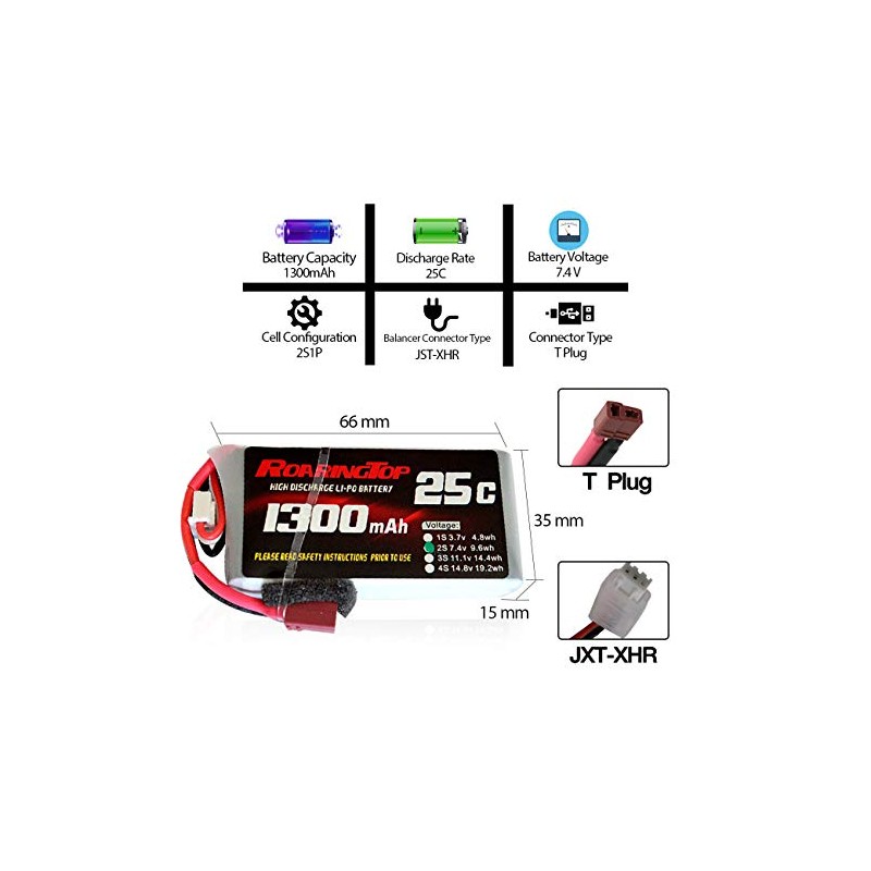 RoaringTop LiPo Battery Pack 25C 1300 mAh 2S 7.4V with