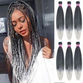 Silver Braiding Hair Pre Stretched,20 Inch 6 Pack Prestretched Ombre Braiding Hair Extensions for Women Synthetic Soft Yaki Texture Crochet Braids Hai