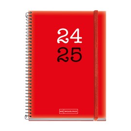 Miquelrius Academic Diary 2024-2025 September 2024 to August 2025 Size 117 x 174 mm Week to View Opaque Polypropylene Cover Elastic Band Spanish and English College Red