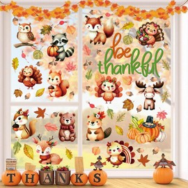 Ausril Thanksgiving Fall Window Cling,Autumn Pumpkin Wall Decals,Be Thankful Stickers,Autumn Animals Window Decal,Turkey Squirrel Decor For Glass,Fall Harvest Wall Sticker for Home School Office Party