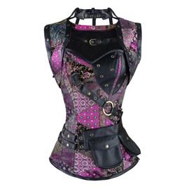 Charmian Women's Steel Boned Retro Goth Brocade Steampunk Bustiers Corset Top with Jacket and Belt Multicolored Small