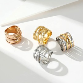 JIPSJICI Stainless Steel Crossover Statement Ring Fashion Chunky Band Intertwined Wide Index Finger Rings for Women Costume Jewelry, No Gemstone