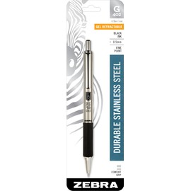 Zebra Pen STEEL G-402 Retractable Gel Pen - 0.5mm Fine Point - Smooth Black Ink - Rapid Dry Ink for No Smears or Smudges - Refillable Stainless Steel Writing Pen for Office, School - 1 Pack (49211)