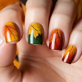 24Pcs Press on Nails, Short Square Fake Nails with Maple Leaf Designs, Fall Reusable Glossy False Nails, Artificial Full Cover Stick on Nail for Women Girls