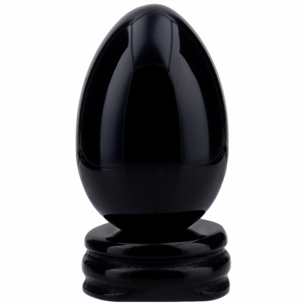 SUNYIK Black Obsidian Gemstone Egg Sphere Sculpture Healing Figurine with Crystal Stand Easter Day's Gift(1"x1.6")