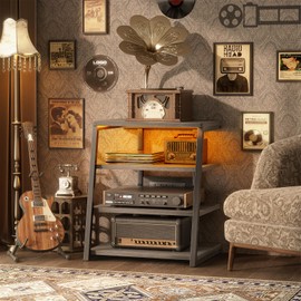 AV Media Stand with Outlets, Media Console with LED Lights, Stereo Racks and Stands with Storage Shelves, Media Audio Tower Stand, Light Grey Walnut