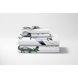 Sweet Jojo Designs Vintage Airplane Boy Queen Sheet Set Flat Fitted Bed Sheets Pillow Covers Kids Childrens Adult Bedding 4pc Grey Green Blue White Yellow Airplanes Plane Transportation Clouds Sun Sky