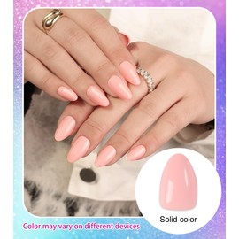 Morily Short Fake Press on Nails Almond with Glitter Designs, Light Pink Acrylic Thick Stick on False Nail Reusable Glossy Full Cover Manicure for Women, 32 Pcs