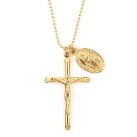 Happiness Boutique Damen Kette mit Münze und Kreuz in Goldfarbe | Kreuz Kugelkette mit Marienmedaille Edelstahlschmuck