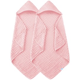 SWEET DOLPHIN Muslin Hooded Baby Bath Towels - 2 Pack 100% Cotton Towel for Babies, Infants, Toddlers - 32x32Inch - Highly Absorbent and Newborn Essential, Pink