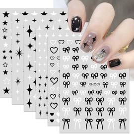 ROFIBUT Star Nail Art Stickers Heart Bow Nail Decals 3D Self-Adhesive Black White Star Nail Art Supplies Y2K Starlight Nail Sticker Cute Heart Bow Nail Art Design for Women Girls Nail Decor 6 Sheets