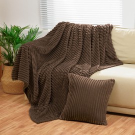 Bnuitland Brown Flannel Throw (50X71 inches) with Pillow Cover(18×18"),300GSM Super Soft Fleece Stripe Pattern Sofa Blanket, Lightweight Cozy Bed Throw for Home Decor All Season