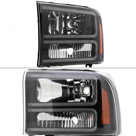 Euro Factory Style Headlights with Dual LED C-Bar (Black Housing/Clear Lens) Made for and Compatible with 1999-2004 Ford F-250/F-350/F-450/F-550/2000-2004 Excursion