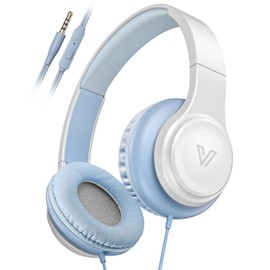VOXii GE01 On-Ear Headphones with Microphone, Lightweight Folding Stereo Bass Headphones w/ 1.2M Cord, Portable Wired Headphones for Smartphone Tablet Computer, Headphones for Kids for School (Blue)