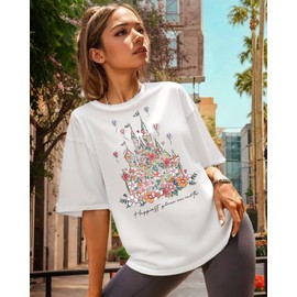 Flafens Graphic Flower Castle Tees T Shirts for Women - Cute Womens T-Shirts Cotton Funny Fashion Tshirts Tops Teens Girls, Medium
