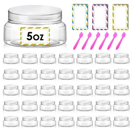 36 Pack 5 oz Plastic Cosmetic Containers With Lids Refillable Clear Empty Travle Jars Containers for Body Butter,Sugar Scrubs,Cream,Lotions,Candy, Waterproof Label&Spatulas - (Clear Lid)