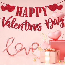 NAUZE Valentines Day Decorations Happy Valentines Day Glitter Bunting Red Heart Hanging String Streamer Banner for Wedding Anniversary Engagement Party Accessories
