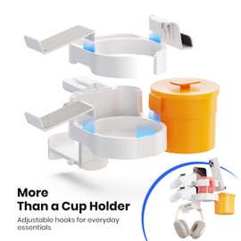 7-in-1 Desk Cup Holder - EURPMASK Desk Organizer with Headphone Holder, Controller Holder, Snack Bucket, and Phone Holder, Clamp-On Desk Accessory with Sturdy Large Storage, Easy to Install, White
