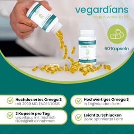 Vegardians Omega-3 Algae Oil Complex - High Dose Vegan Capsules with 620 mg DHA & 350 mg EPA per Daily Dose - Pure Vegetable Omega-3 from Algae Oil Hypoallergenic, Vegan & No Artificial Additives