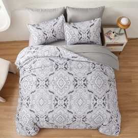 WONGS BEDDING Grey Comforter Set Queen Size,7 Pieces Bed in a Bag Boho Damask Pattern Comforter with Sheet Set, Soft Lightweight Micorfiber Bedding Set for All Seaaon(90"×90")